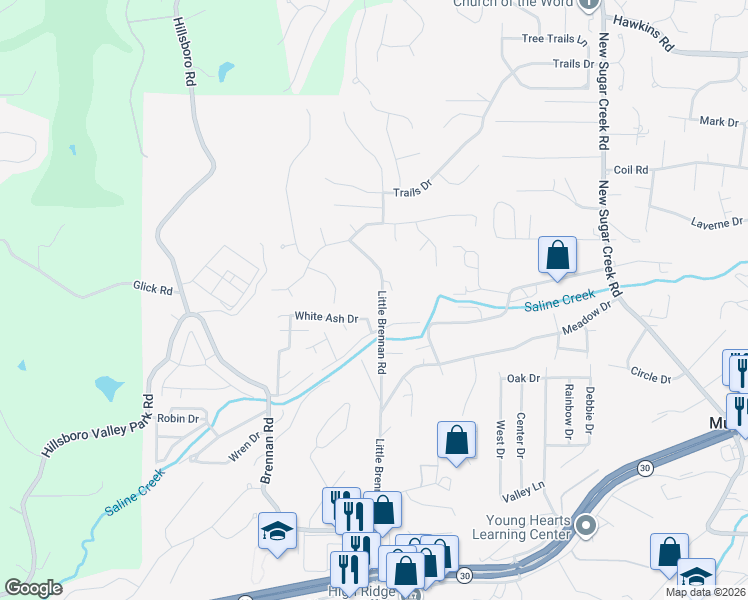 map of restaurants, bars, coffee shops, grocery stores, and more near 1697 Little Brennan Road in High Ridge