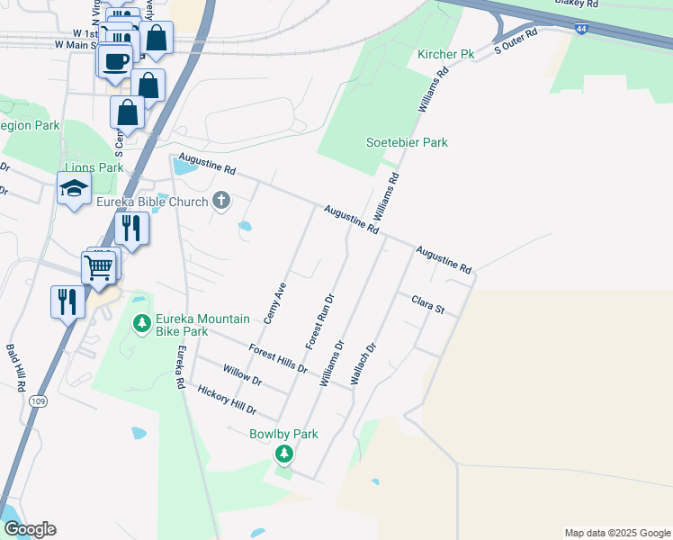 map of restaurants, bars, coffee shops, grocery stores, and more near 401 Forest Run Drive in Eureka