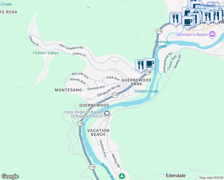 map of restaurants, bars, coffee shops, grocery stores, and more near 17380 Guernewood Lane in Guerneville