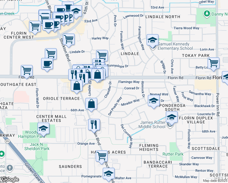 map of restaurants, bars, coffee shops, grocery stores, and more near 6735 Flamingo Way in Sacramento