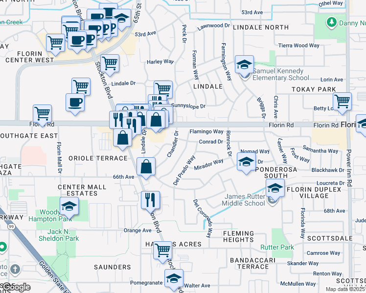map of restaurants, bars, coffee shops, grocery stores, and more near 6735 Flamingo Way in Sacramento