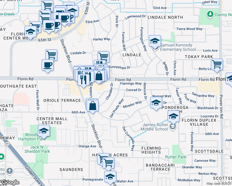 map of restaurants, bars, coffee shops, grocery stores, and more near 6735 Flamingo Way in Sacramento