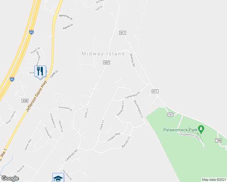 map of restaurants, bars, coffee shops, grocery stores, and more near 69 Clark Lane in Stafford