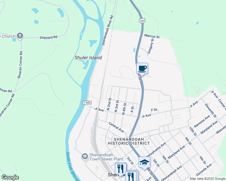map of restaurants, bars, coffee shops, grocery stores, and more near 312 North 2nd Street in Shenandoah