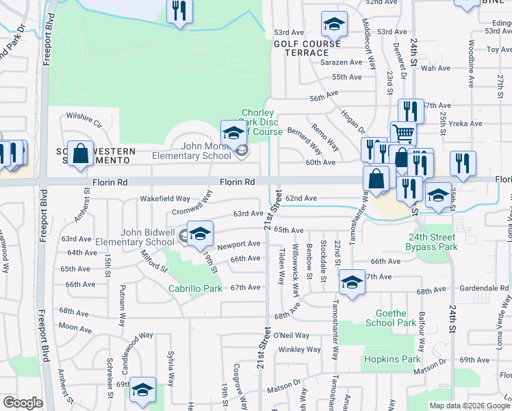 map of restaurants, bars, coffee shops, grocery stores, and more near 2088 Wakefield Way in Sacramento