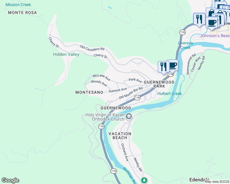 map of restaurants, bars, coffee shops, grocery stores, and more near 17485 Summit Avenue in Guerneville