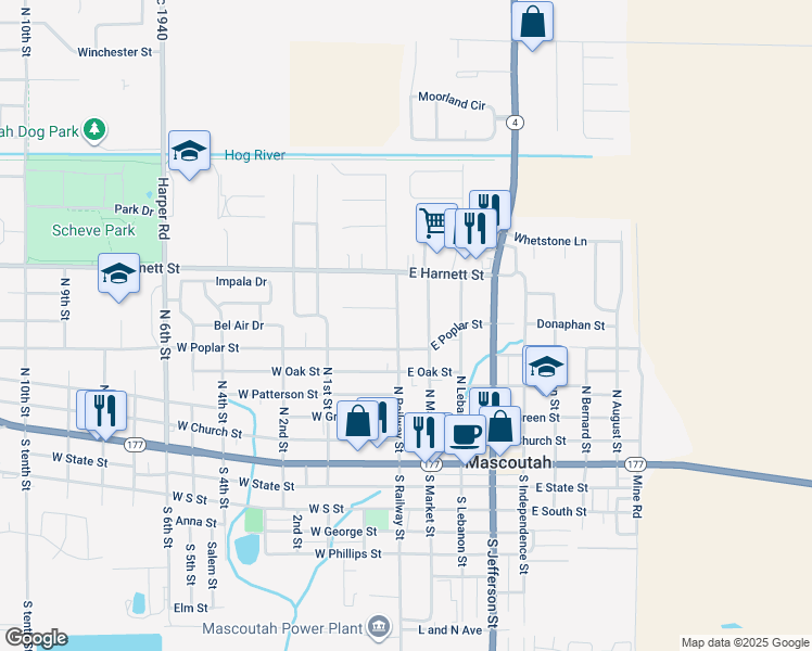 map of restaurants, bars, coffee shops, grocery stores, and more near 522 North Railway Street in Mascoutah