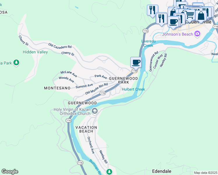 map of restaurants, bars, coffee shops, grocery stores, and more near 17300 California 116 in Guerneville