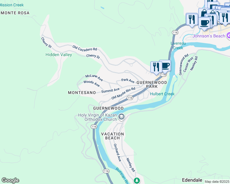 map of restaurants, bars, coffee shops, grocery stores, and more near 17445 Summit Avenue in Guerneville
