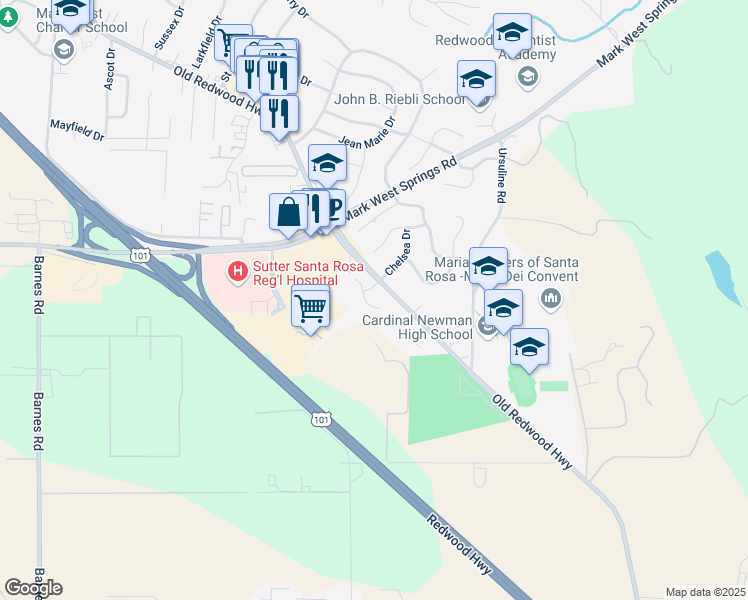 map of restaurants, bars, coffee shops, grocery stores, and more near 230 Darbster Place in Santa Rosa