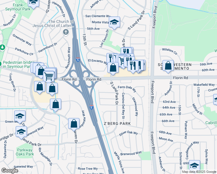 map of restaurants, bars, coffee shops, grocery stores, and more near 7230 South Land Park Drive in Sacramento