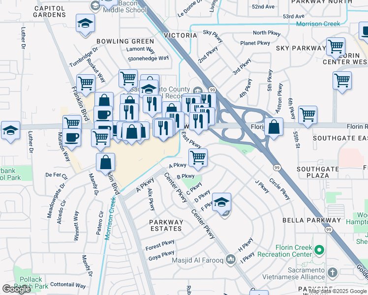 map of restaurants, bars, coffee shops, grocery stores, and more near 7240 East Parkway in Sacramento