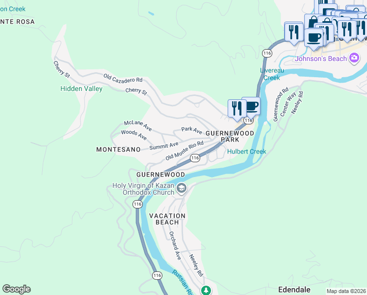 map of restaurants, bars, coffee shops, grocery stores, and more near 17380 Guernewood Lane in Guerneville