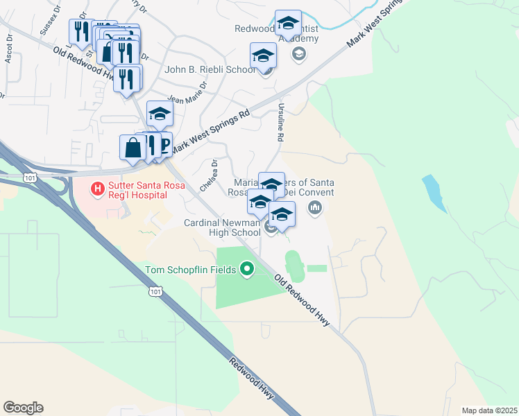 map of restaurants, bars, coffee shops, grocery stores, and more near 93 Ursuline Road in Larkfield-Wikiup