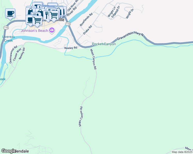 map of restaurants, bars, coffee shops, grocery stores, and more near 13665 Mays Canyon Road in Guerneville