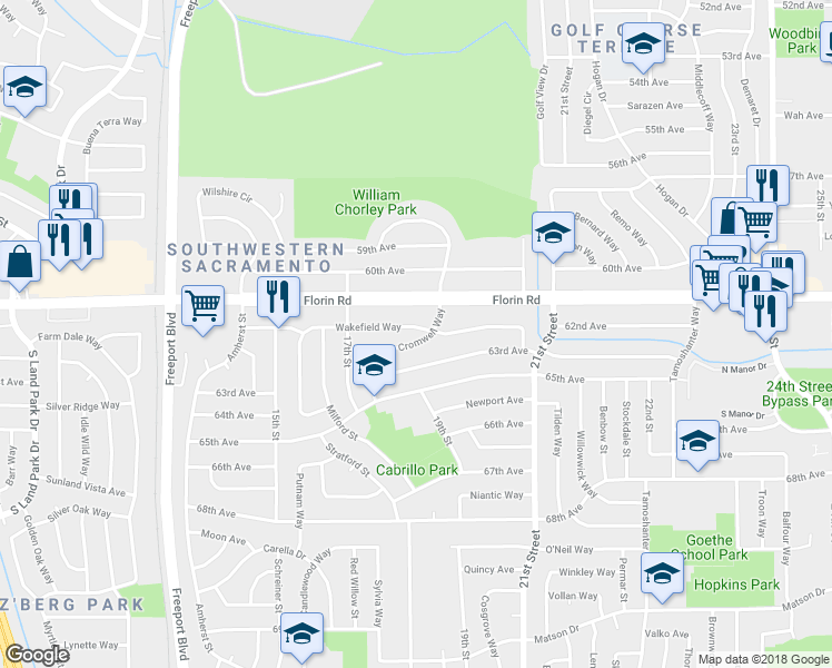 map of restaurants, bars, coffee shops, grocery stores, and more near 7238 Cromwell Way in Sacramento