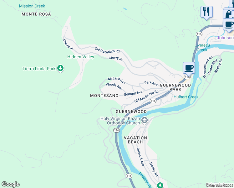 map of restaurants, bars, coffee shops, grocery stores, and more near 17520 Summit Avenue in Guerneville