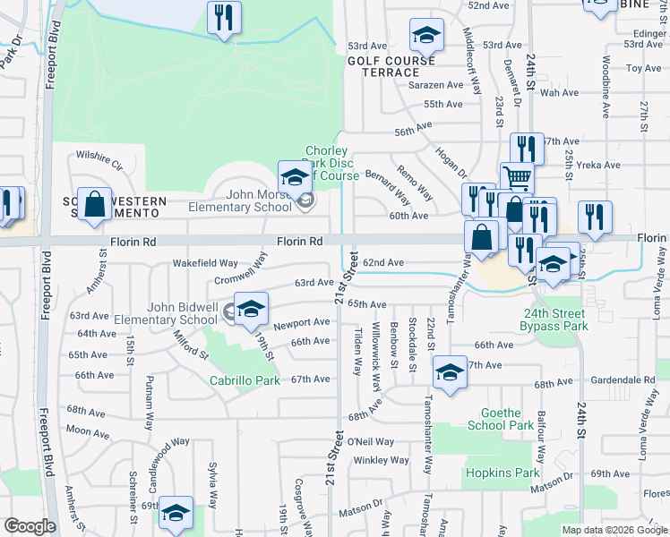 map of restaurants, bars, coffee shops, grocery stores, and more near 2088 Wakefield Way in Sacramento