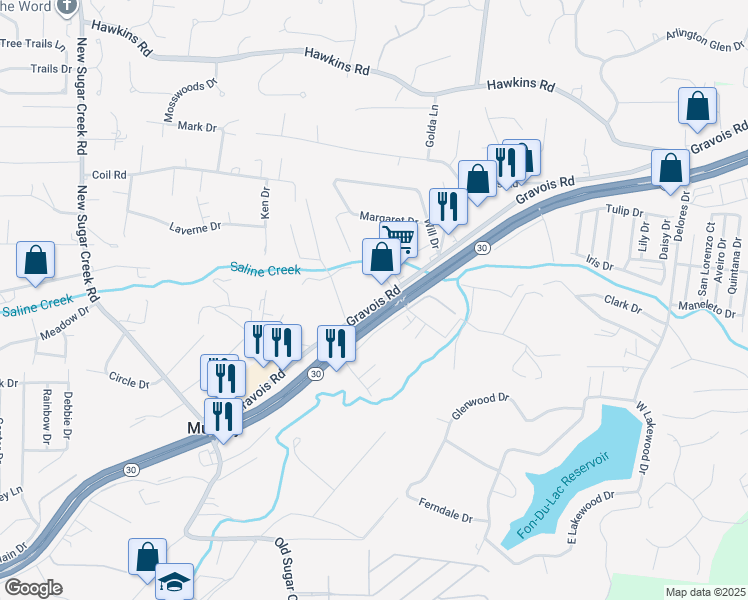 map of restaurants, bars, coffee shops, grocery stores, and more near 1131 Gravois Road in Fenton