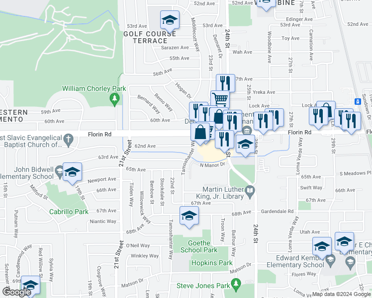 map of restaurants, bars, coffee shops, grocery stores, and more near 2272 62nd Avenue in Sacramento