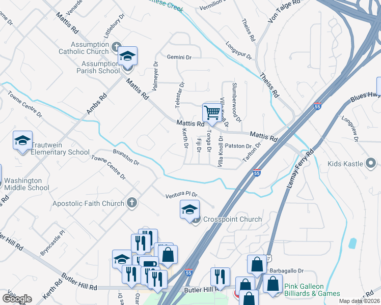 map of restaurants, bars, coffee shops, grocery stores, and more near 4779 Fiji Drive in St. Louis