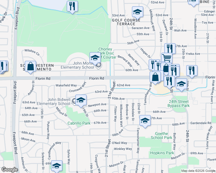 map of restaurants, bars, coffee shops, grocery stores, and more near 2088 Wakefield Way in Sacramento
