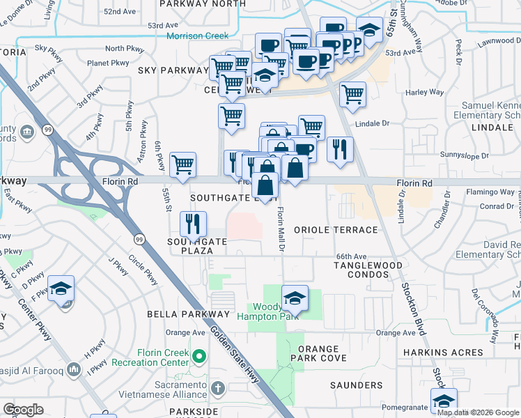 map of restaurants, bars, coffee shops, grocery stores, and more near 7237 E Southgate Dr in Sacramento