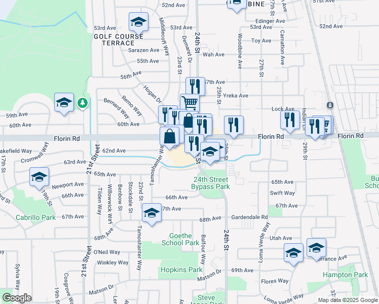 map of restaurants, bars, coffee shops, grocery stores, and more near 2374 Florin Road in Sacramento