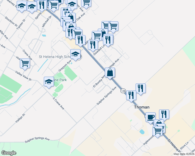 map of restaurants, bars, coffee shops, grocery stores, and more near 1301 El Bonita Avenue in St. Helena