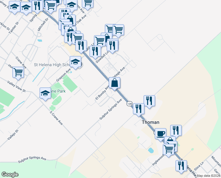 map of restaurants, bars, coffee shops, grocery stores, and more near 195 Main Street in Saint Helena