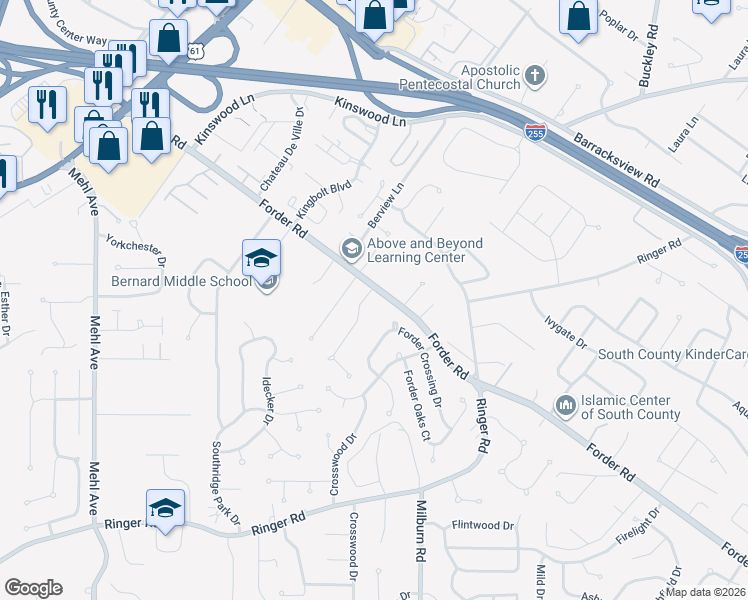 map of restaurants, bars, coffee shops, grocery stores, and more near 920 Forder Road in St. Louis