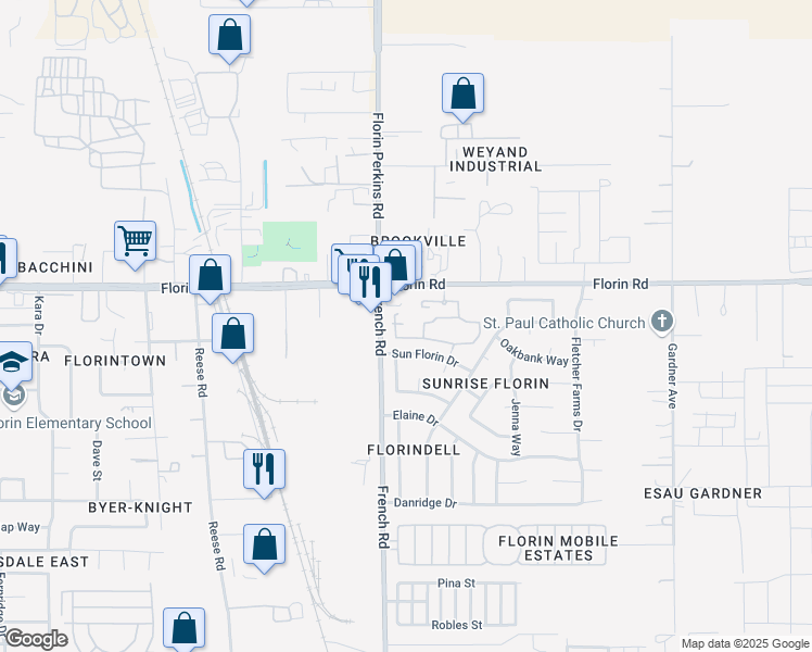 map of restaurants, bars, coffee shops, grocery stores, and more near 7235 French Road in Sacramento