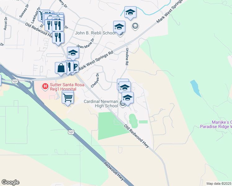 map of restaurants, bars, coffee shops, grocery stores, and more near 93 Ursuline Road in Larkfield-Wikiup