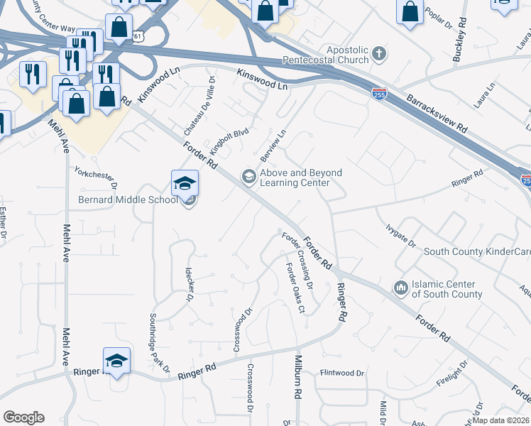 map of restaurants, bars, coffee shops, grocery stores, and more near 920 Forder Road in St. Louis