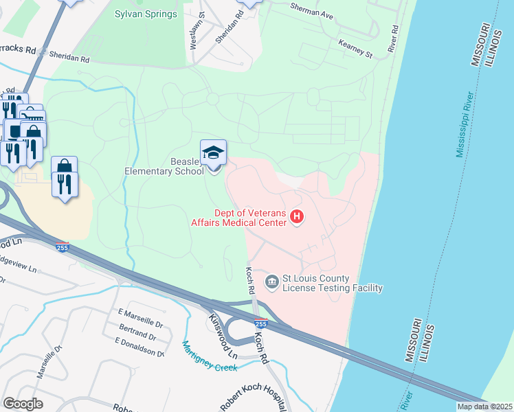 map of restaurants, bars, coffee shops, grocery stores, and more near 1 Jefferson Barracks Drive in St. Louis