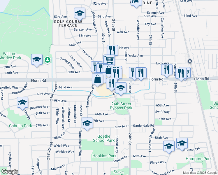 map of restaurants, bars, coffee shops, grocery stores, and more near 2374 Florin Road in Sacramento
