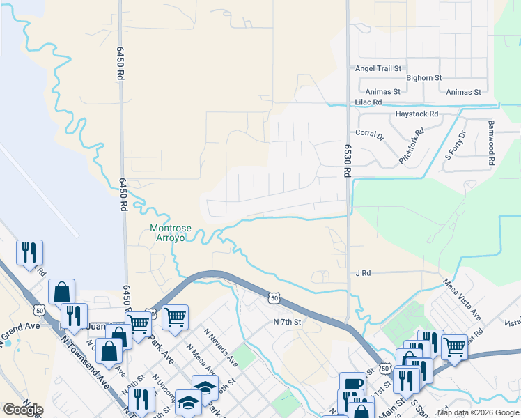 map of restaurants, bars, coffee shops, grocery stores, and more near 1023 Deer Trail Road in Montrose