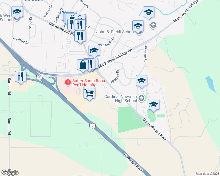 map of restaurants, bars, coffee shops, grocery stores, and more near 230 Darbster Place in Santa Rosa