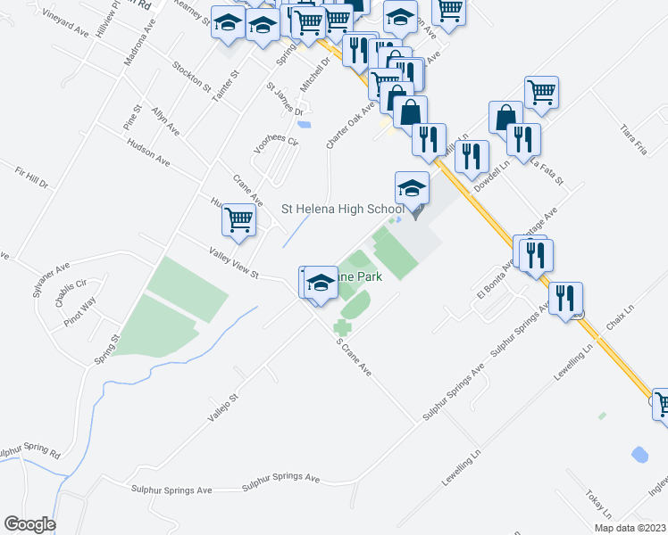 map of restaurants, bars, coffee shops, grocery stores, and more near 1242 Grayson Avenue in Saint Helena