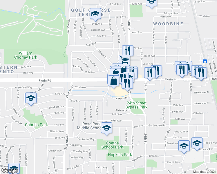 map of restaurants, bars, coffee shops, grocery stores, and more near 3601 62nd Avenue in Sacramento