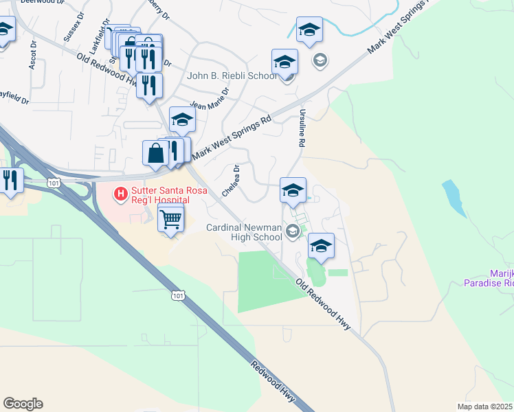 map of restaurants, bars, coffee shops, grocery stores, and more near 96 Dorchester Drive in Santa Rosa