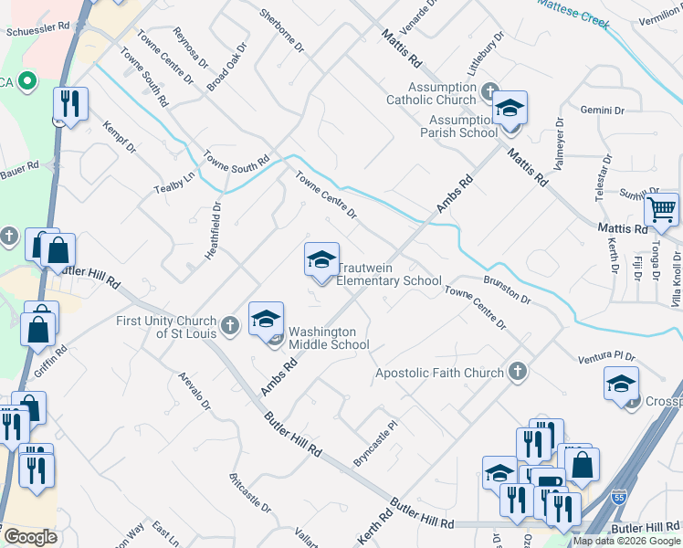 map of restaurants, bars, coffee shops, grocery stores, and more near 4715 Auburn Trace Drive in St. Louis