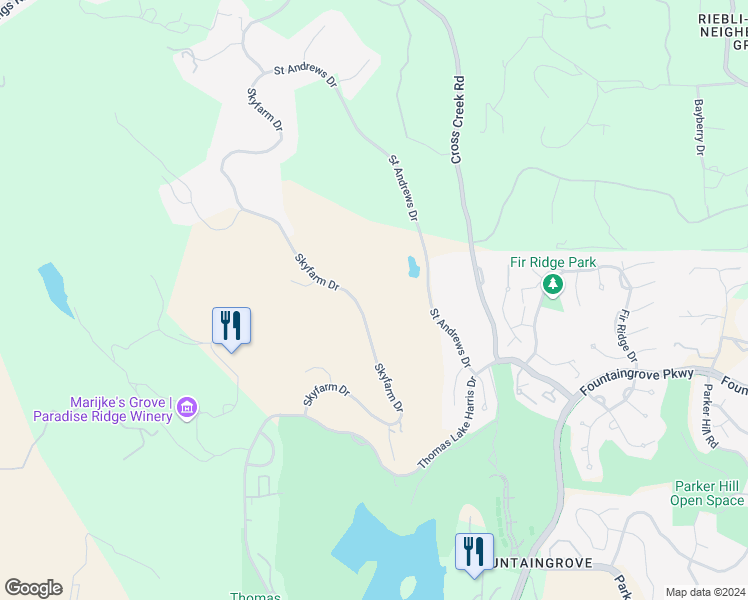 map of restaurants, bars, coffee shops, grocery stores, and more near 3824 Skyfarm Drive in Santa Rosa