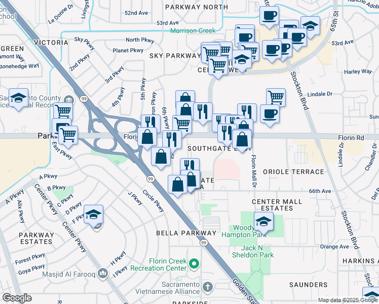 map of restaurants, bars, coffee shops, grocery stores, and more near Unnamed Road in Sacramento