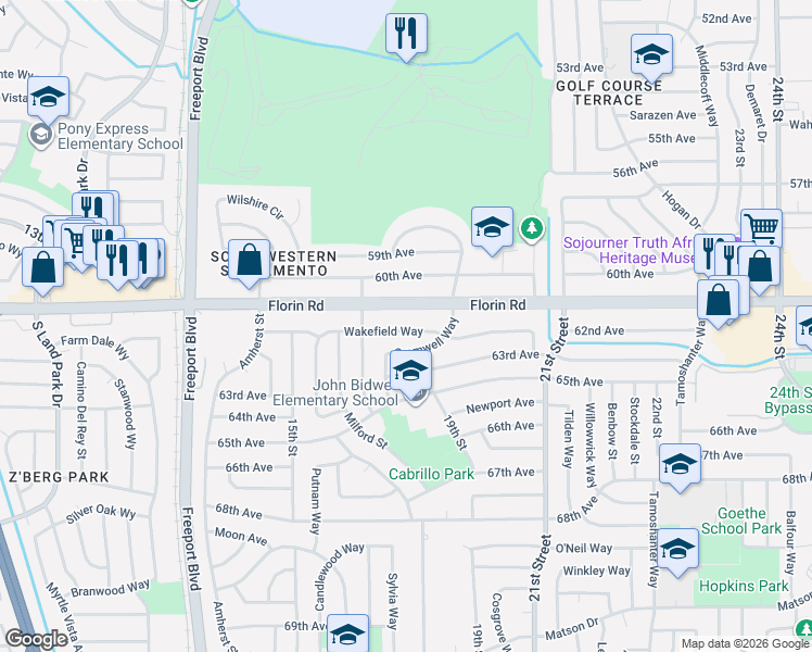 map of restaurants, bars, coffee shops, grocery stores, and more near 7238 Cromwell Way in Sacramento