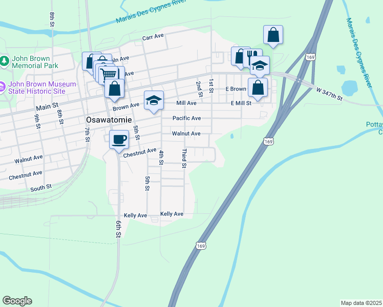 map of restaurants, bars, coffee shops, grocery stores, and more near 900 Melody Lane in Osawatomie