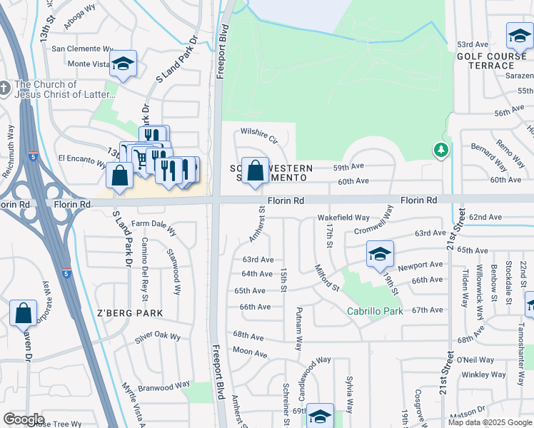 map of restaurants, bars, coffee shops, grocery stores, and more near 7211 Amherst Street in Sacramento