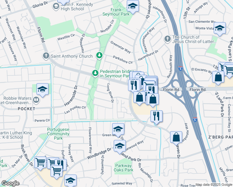 map of restaurants, bars, coffee shops, grocery stores, and more near 4 Secret River Drive in Sacramento
