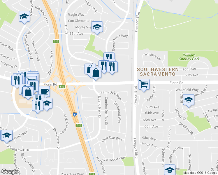 map of restaurants, bars, coffee shops, grocery stores, and more near 7234 Farm Dale Way in Sacramento