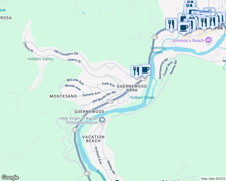 map of restaurants, bars, coffee shops, grocery stores, and more near 17300 California 116 in Guerneville